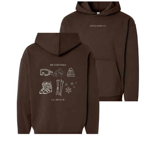 Brown hoodie with front and back designs on a white background
