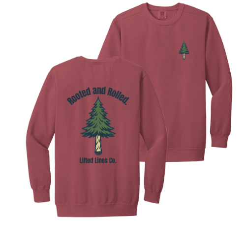 Red sweatshirt with a tree graphic and text on a white background