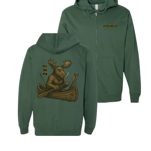 Green hoodie with moose graphic and 'Roll and Row' text on a white background