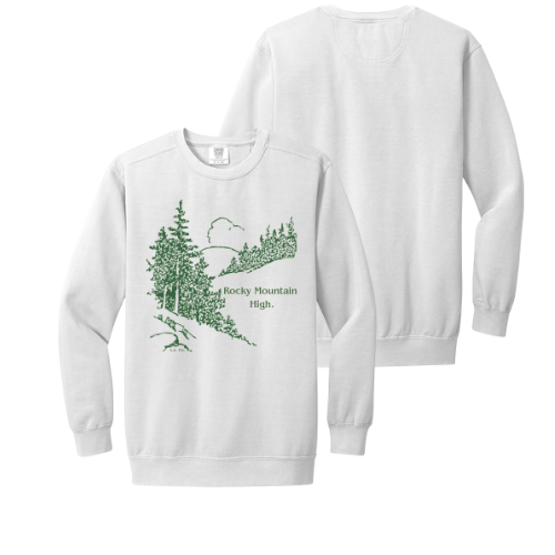 White sweatshirt with green graphic design on a white background