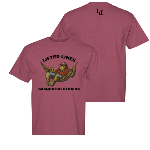 Maroon t-shirt with 'Lifted Lines' graphic and text on a white background