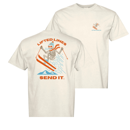 Beige t-shirt with skeleton skiing graphic and text 'Lifted Lines Send It' on a white background