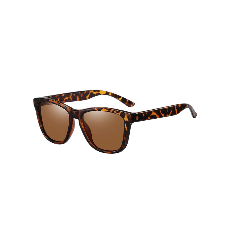 Sunglasses with tortoiseshell frame and brown lenses on a white background