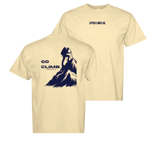 yellow t-shirt with climbing graphic and text on a white background