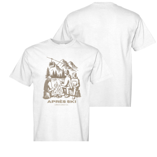 White t-shirt with 'Apres Ski' graphic design on a white background