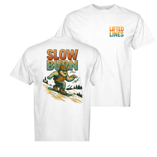 White t-shirt with 'Slow Burn' graphic design featuring a bear and text, on a white background.