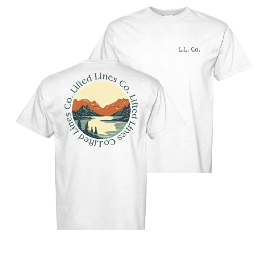 White t-shirt with a scenic logo and 'L.L. Co.' text on a white background