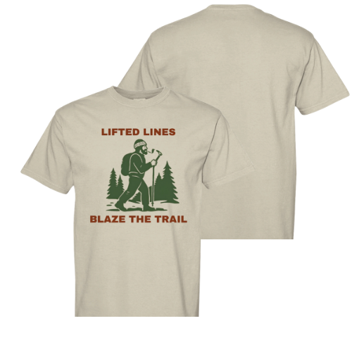 Beige t-shirt with graphic design and text on a white background