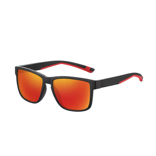 Sunglasses with black frame and red-orange lenses on a white background