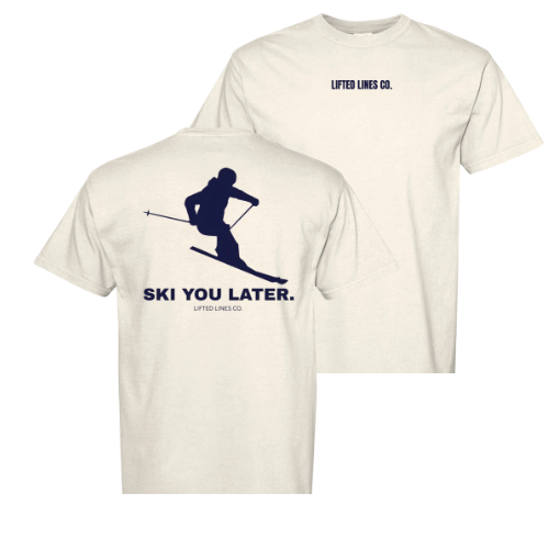 Two white t-shirts with a skiing graphic and text on a white background