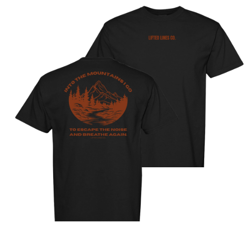 Black t-shirt with mountain graphic and text on front and back