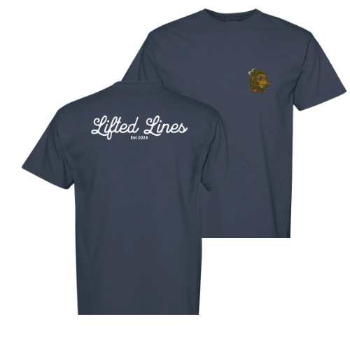 Navy blue t-shirt with 'Lifted Lines' logo on front and text on back, on a white background