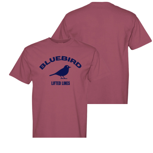 Maroon t-shirt with blue 'Bluebird Lifted Lines' design on a white background