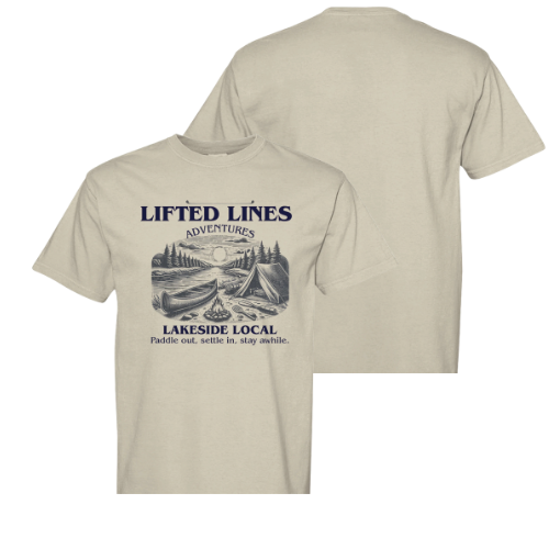 Beige t-shirt with 'Lifted Lines Adventures' graphic and text on a white background