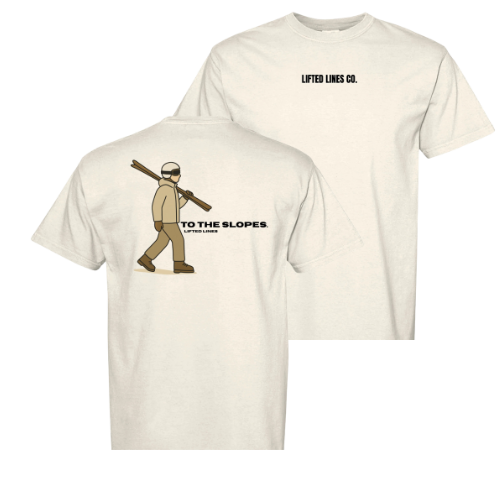 Two white t-shirts with a graphic of a person carrying skis and text on a white background.
