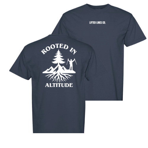 Navy blue t-shirt with white graphic and text on a white background