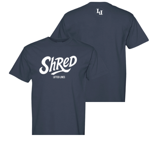 Navy t-shirt with 'Shred' and 'Lifted Lines' text on a white background