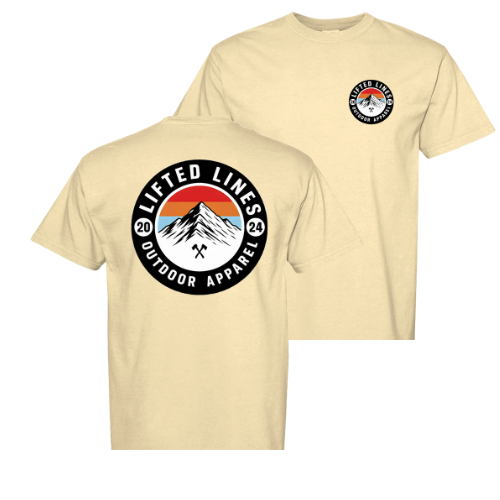 Beige t-shirt with 'Lifted Lines Outdoor Apparel' logo on a white background