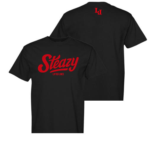 Black t-shirt with red 'Steazy' logo on front and 'LI' logo on back, on a white background