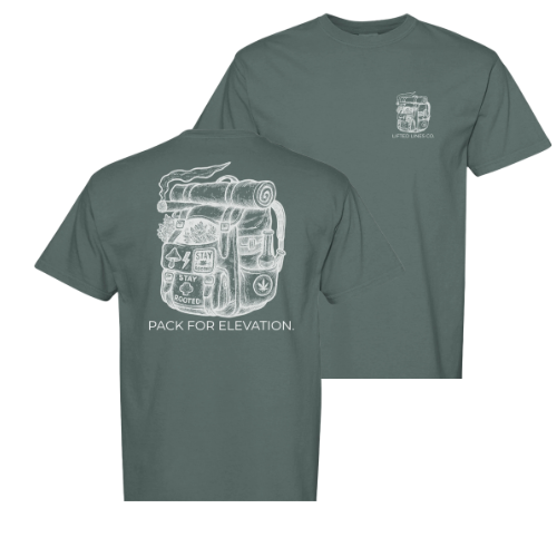 Green t-shirt with graphic design on front and back on a white background