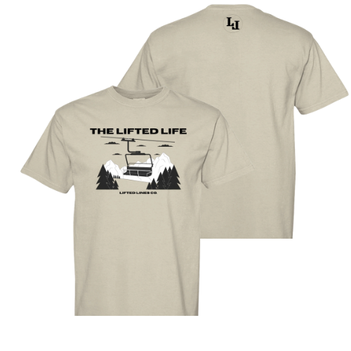 Beige t-shirt with 'The Lifted Life' graphic design on a white background