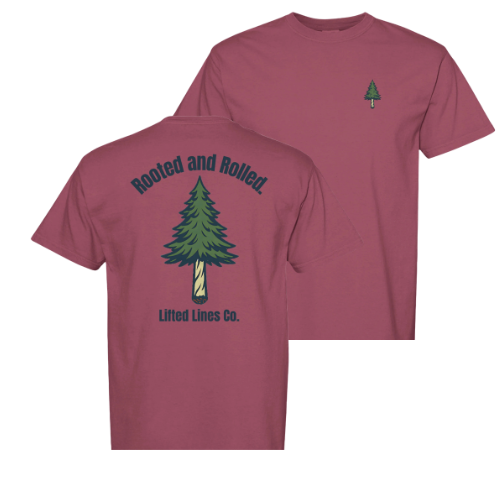 Maroon t-shirt with green tree design and text on a white background