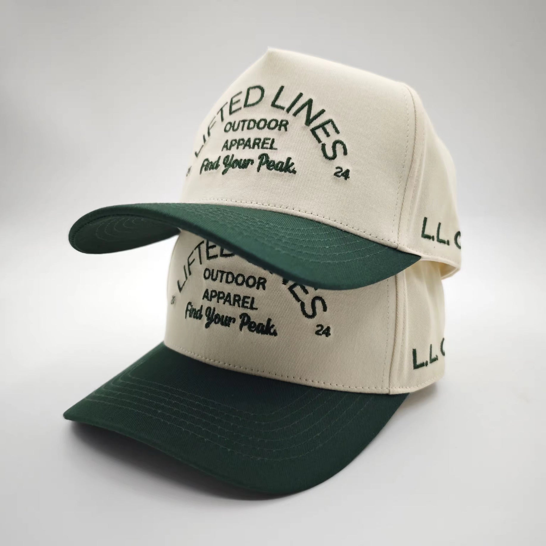 Beige and green cap with branding on a light gray background