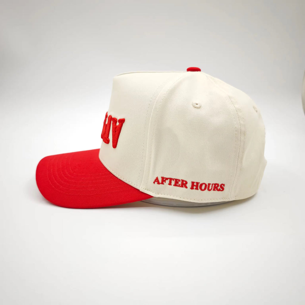 Two baseball caps, one red and one beige with 'After Hours' text, on a white background.