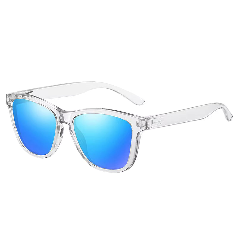 Clear sunglasses with blue reflective lenses on a white background