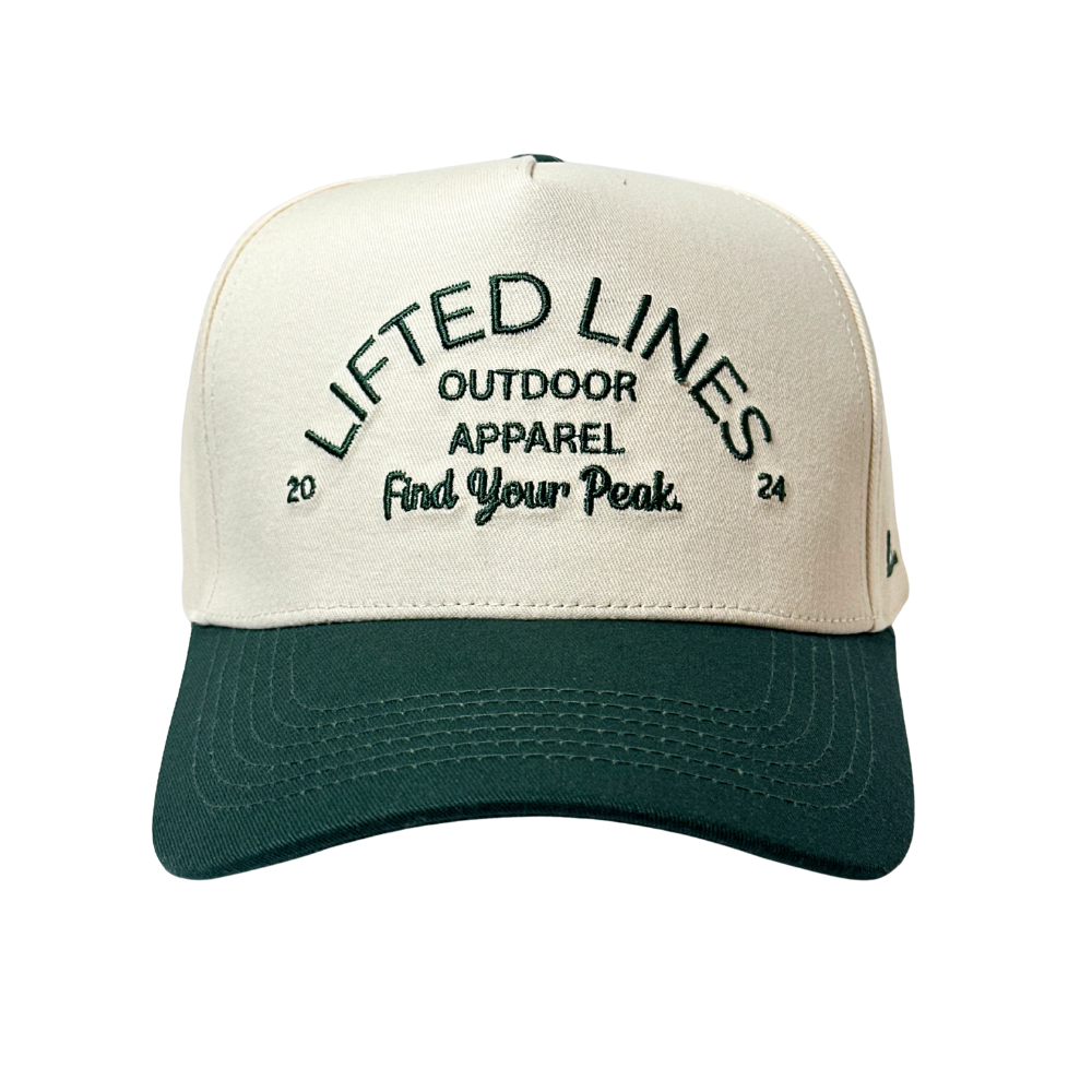Beige and green cap with 'Lifted Lines Outdoor Apparel' text on a white background