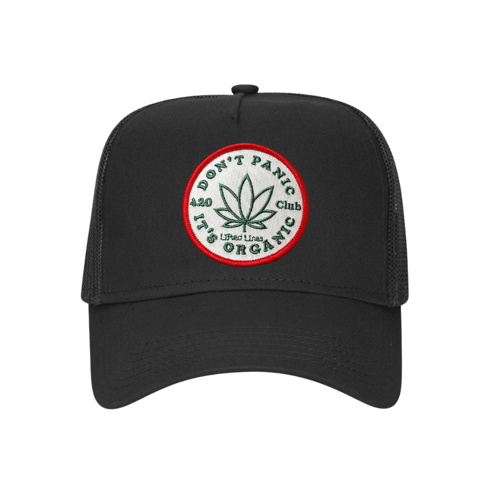 Black cap with a circular logo featuring a cannabis leaf and text on a white background