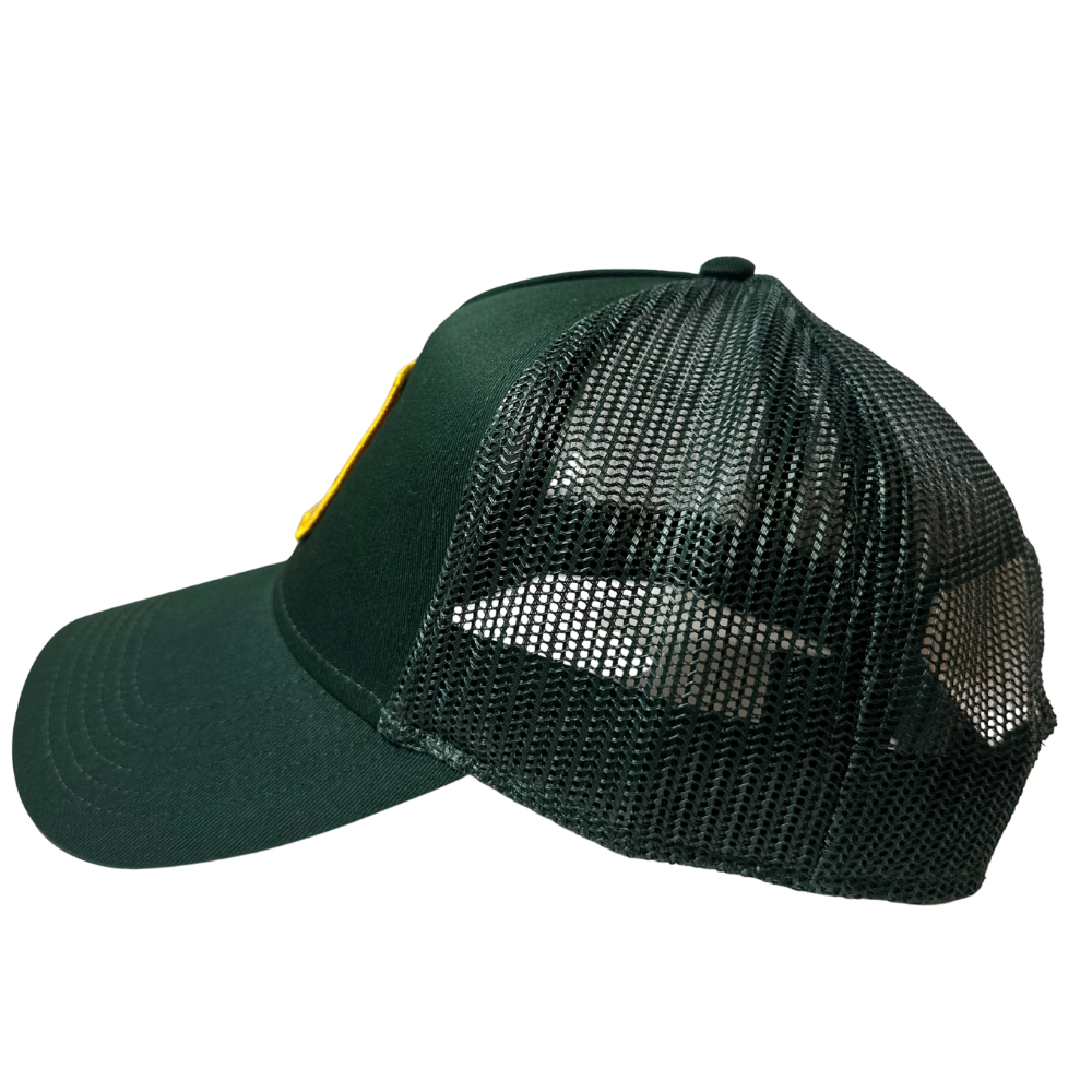 side angle of green peaked trucker hat