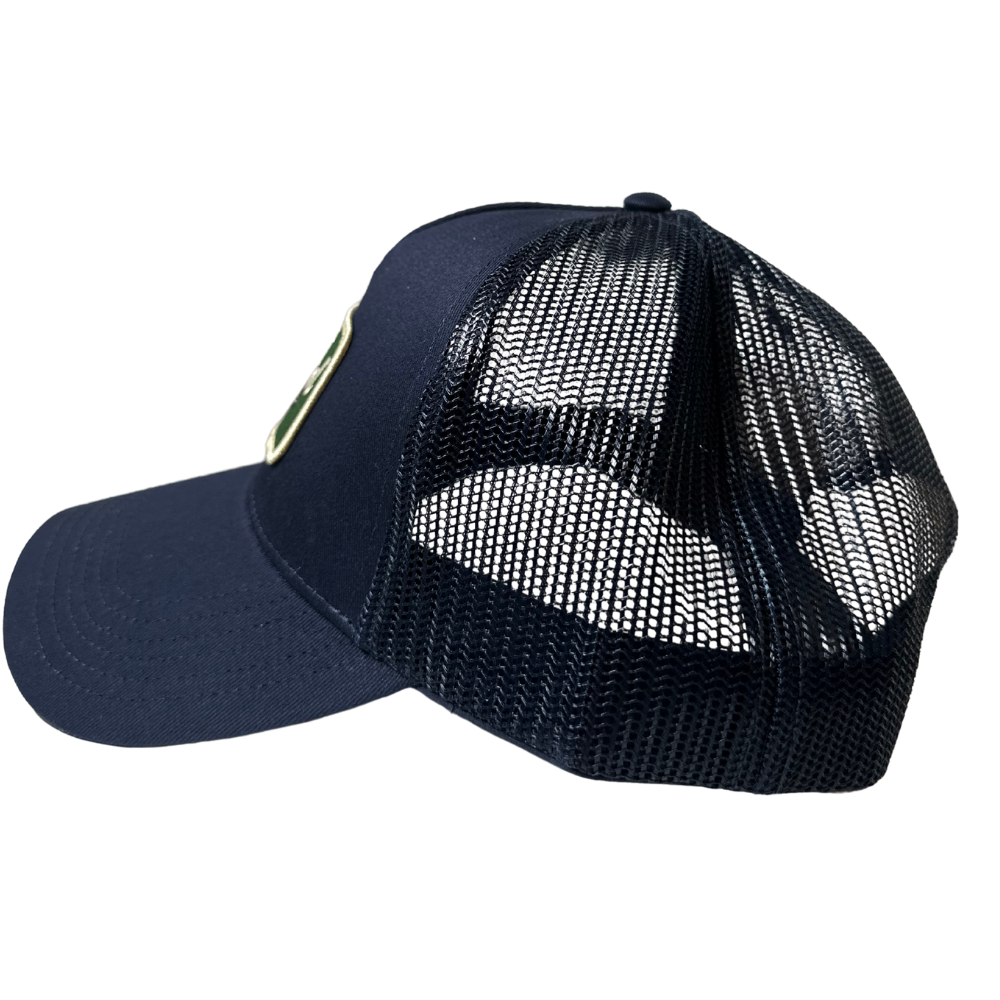 side angle of navy peaked hat
