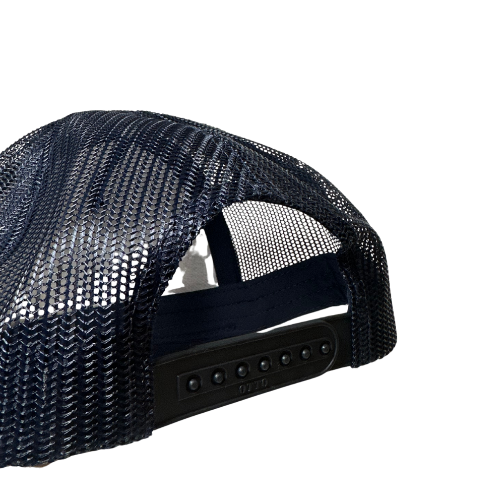 back angle of snapback navy trucker
